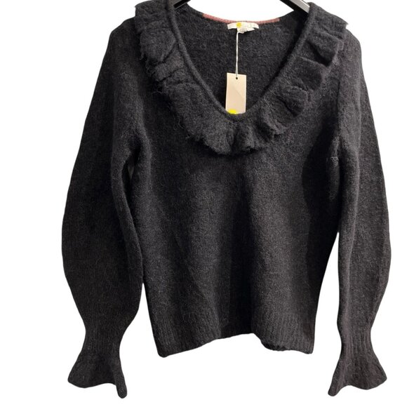 Boden Sweater Womens 6 Black Fluffy Frill Wool Blend V Neck Pullover Balloon Slv - Picture 2 of 12